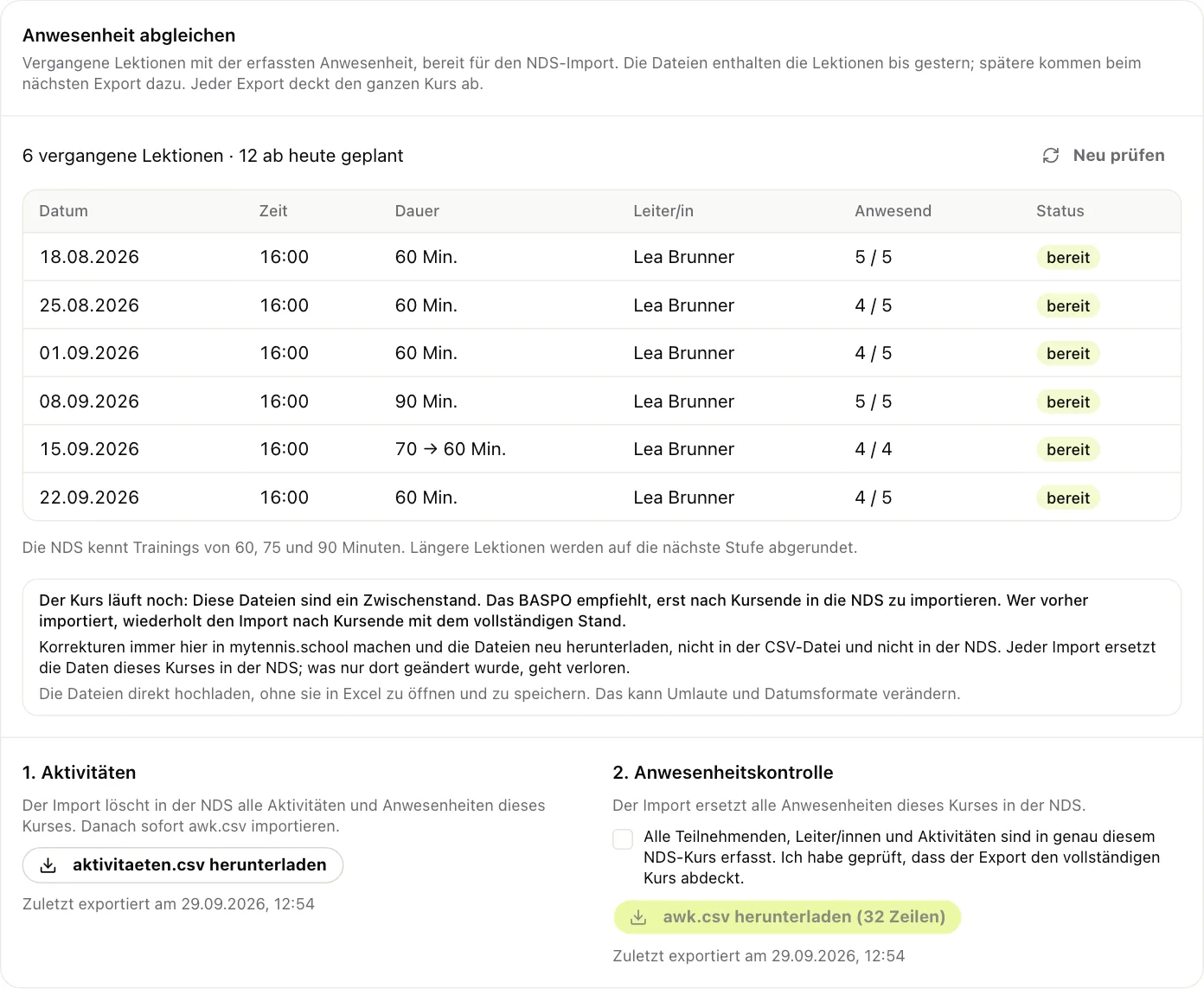 Abgleich bereit, alle Lektionen exportierbar, beide Downloads mit Zeitpunkt des letzten Exports