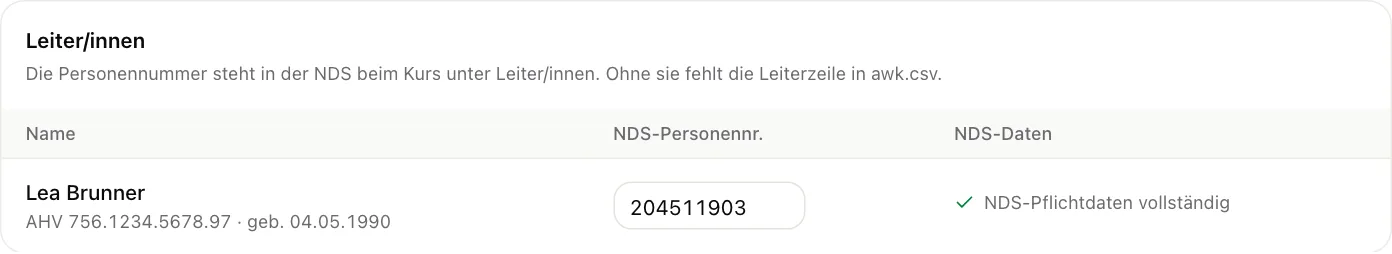 Leiterin mit AHV-Beispielnummer, Geburtsdatum und NDS-Personennummer