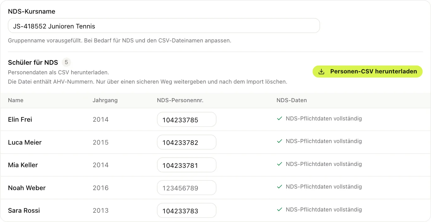 J+S-Tab einer Gruppe mit NDS-Kursname, Knopf für die Personen-CSV und der Liste der Kinder mit Feld für die NDS-Personennummer